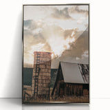 Vintage Farmhouse Print - Rustic Barn with Sunlit Clouds and Silo
