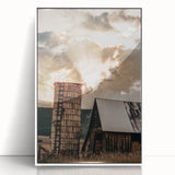 Vintage Farmhouse Print - Rustic Barn with Sunlit Clouds and Silo