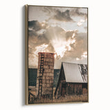 Vintage Farmhouse Print - Rustic Barn with Sunlit Clouds and Silo