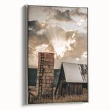 Vintage Farmhouse Print - Rustic Barn with Sunlit Clouds and Silo