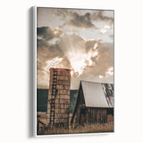 Vintage Farmhouse Print - Rustic Barn with Sunlit Clouds and Silo