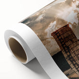 Vintage Farmhouse Print - Rustic Barn with Sunlit Clouds and Silo