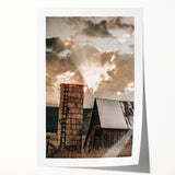 Vintage Farmhouse Print - Rustic Barn with Sunlit Clouds and Silo