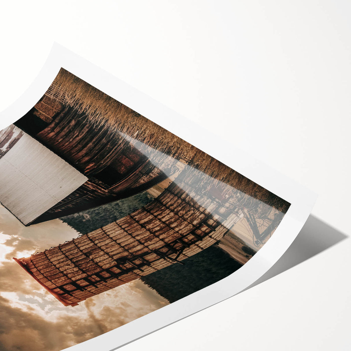 Vintage Farmhouse Print - Rustic Barn with Sunlit Clouds and Silo