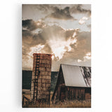 Vintage Farmhouse Print - Rustic Barn with Sunlit Clouds and Silo