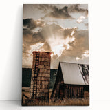 Vintage Farmhouse Print - Rustic Barn with Sunlit Clouds and Silo