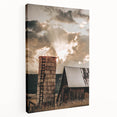 Vintage Farmhouse Print - Rustic Barn with Sunlit Clouds and Silo