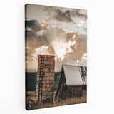 Vintage Farmhouse Print - Rustic Barn with Sunlit Clouds and Silo