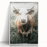 Farmhouse Wall Art - Close-Up of Rustic Country Cow in Green Pasture