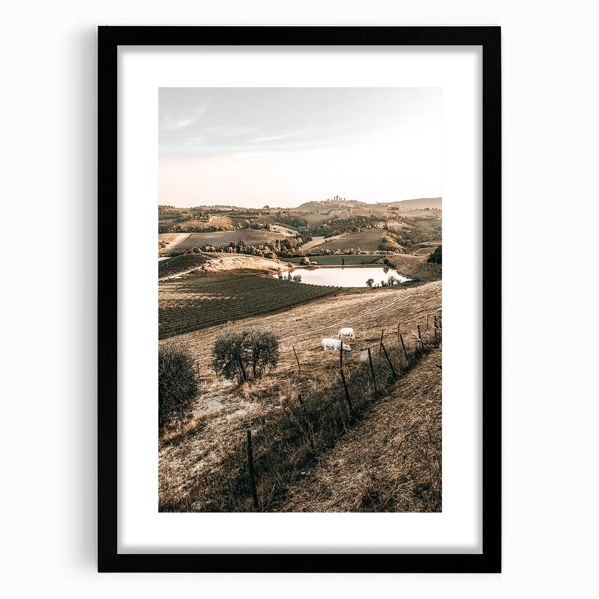 Farmhouse Wall Art – Scenic Countryside Hills and Grazing Cows Print