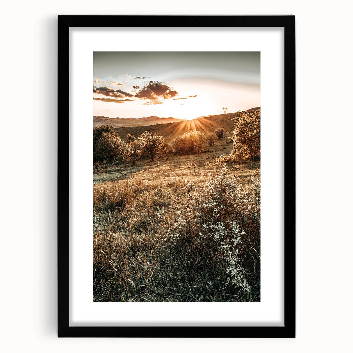 Farmhouse Wall Art – Golden Sunset over Countryside Hills for Rustic Decor