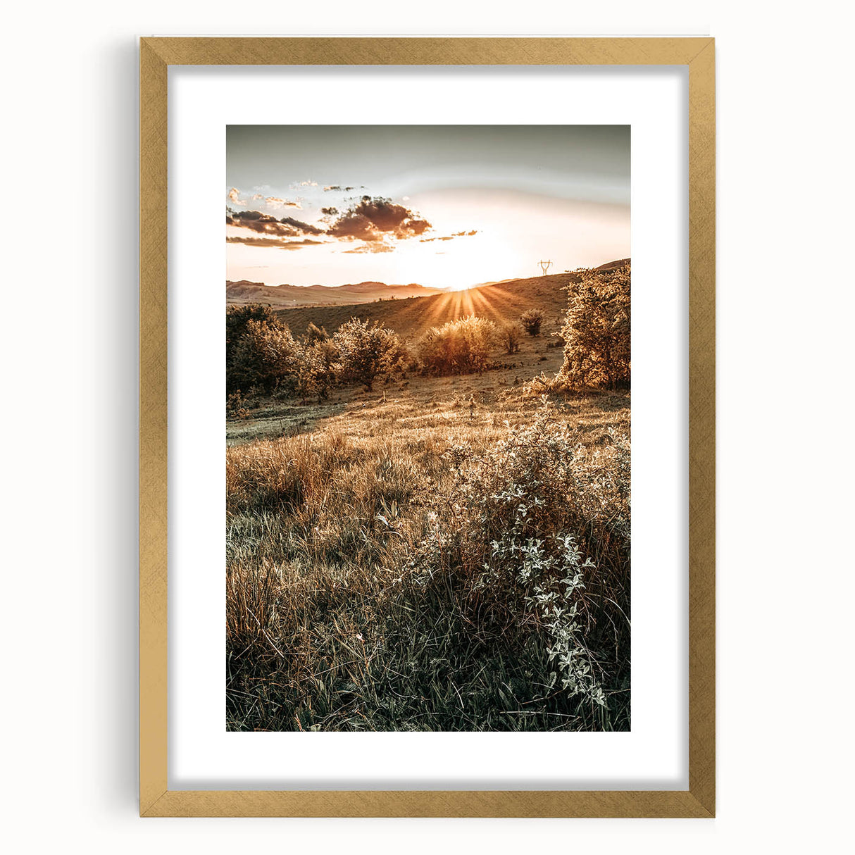 Farmhouse Wall Art – Golden Sunset over Countryside Hills for Rustic Decor