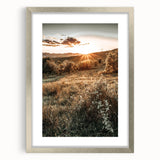 Farmhouse Wall Art – Golden Sunset over Countryside Hills for Rustic Decor