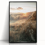 Farmhouse Wall Art – Golden Sunset over Countryside Hills for Rustic Decor