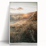Farmhouse Wall Art – Golden Sunset over Countryside Hills for Rustic Decor