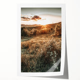Farmhouse Wall Art – Golden Sunset over Countryside Hills for Rustic Decor