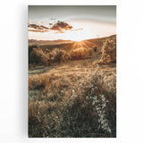 Farmhouse Wall Art – Golden Sunset over Countryside Hills for Rustic Decor
