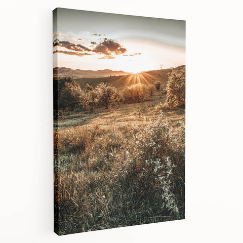 Farmhouse Wall Art – Golden Sunset over Countryside Hills for Rustic Decor