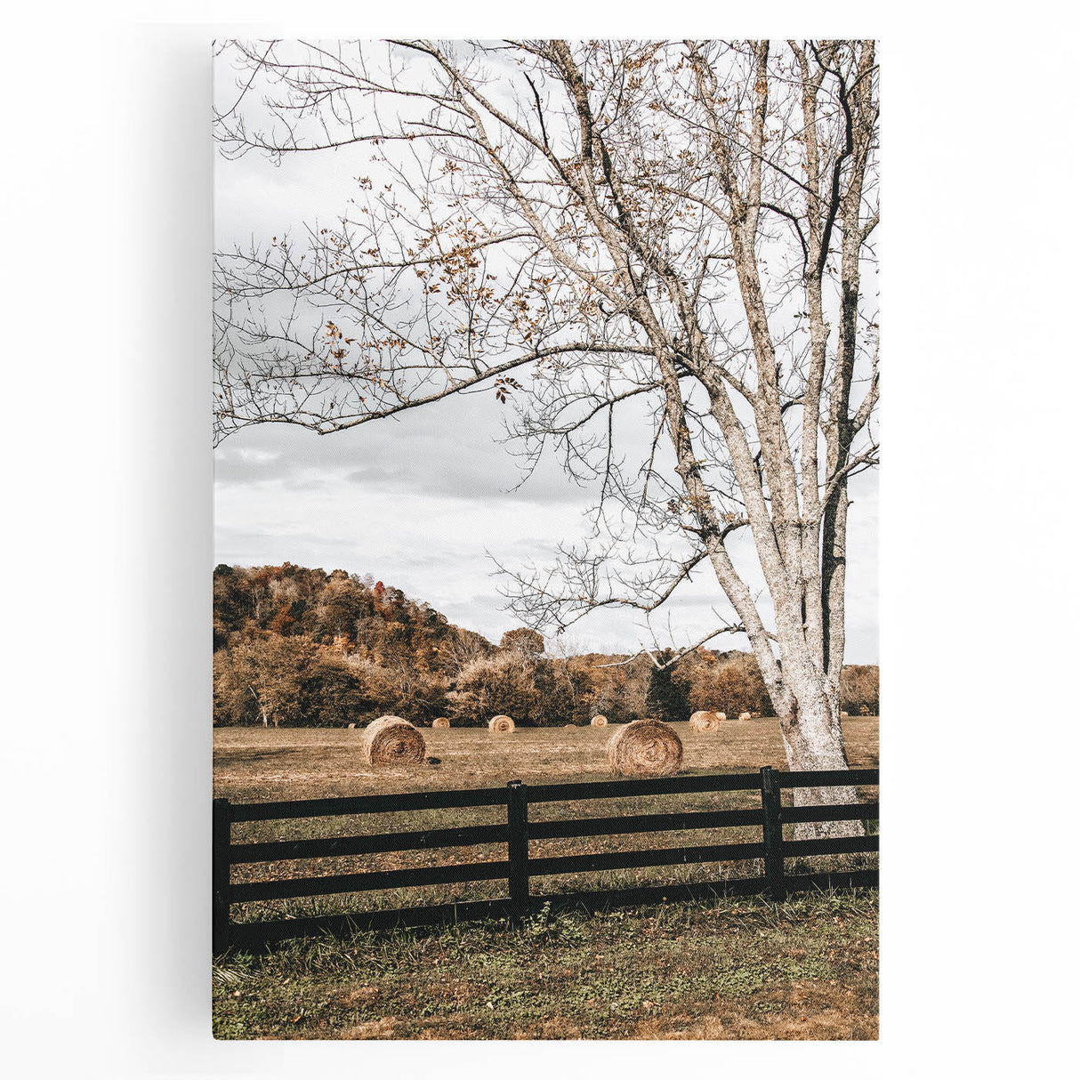 Farmhouse Wall Art – Countryside Hay Bales Field Print for Rustic Decor