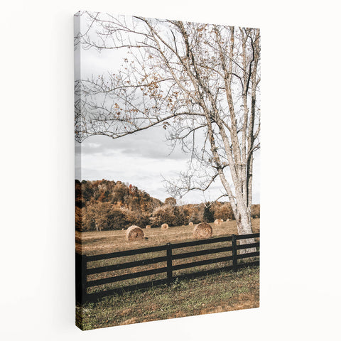 Farmhouse Wall Art – Countryside Hay Bales Field Print for Rustic Decor