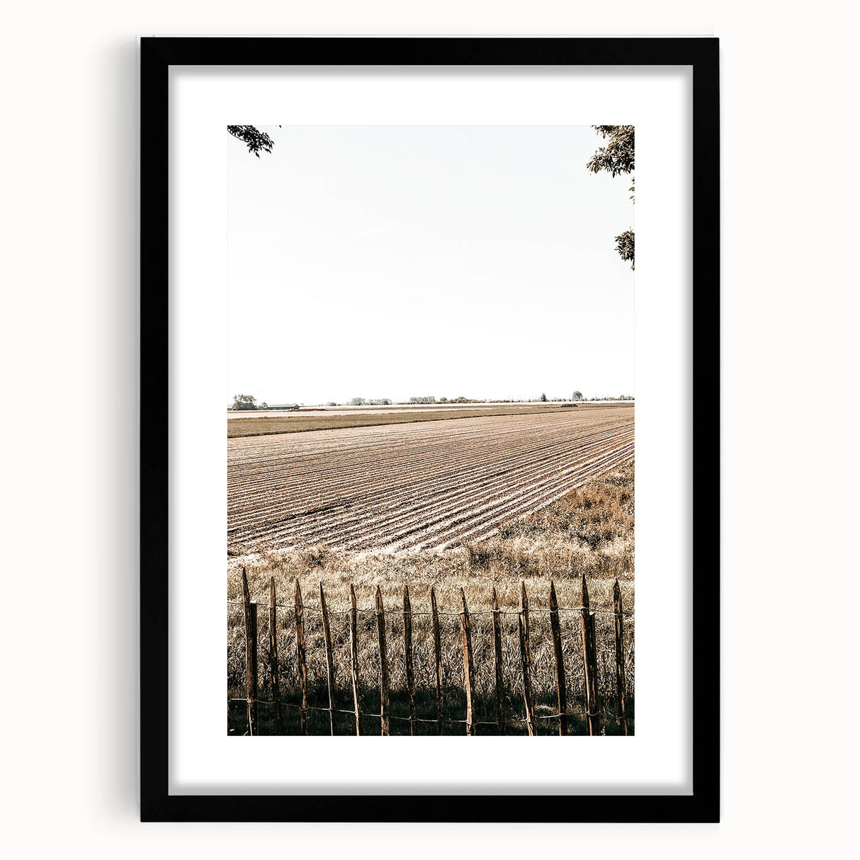Farmhouse Wall Art – Plowed Field with Rustic Fence Print for Country Decor