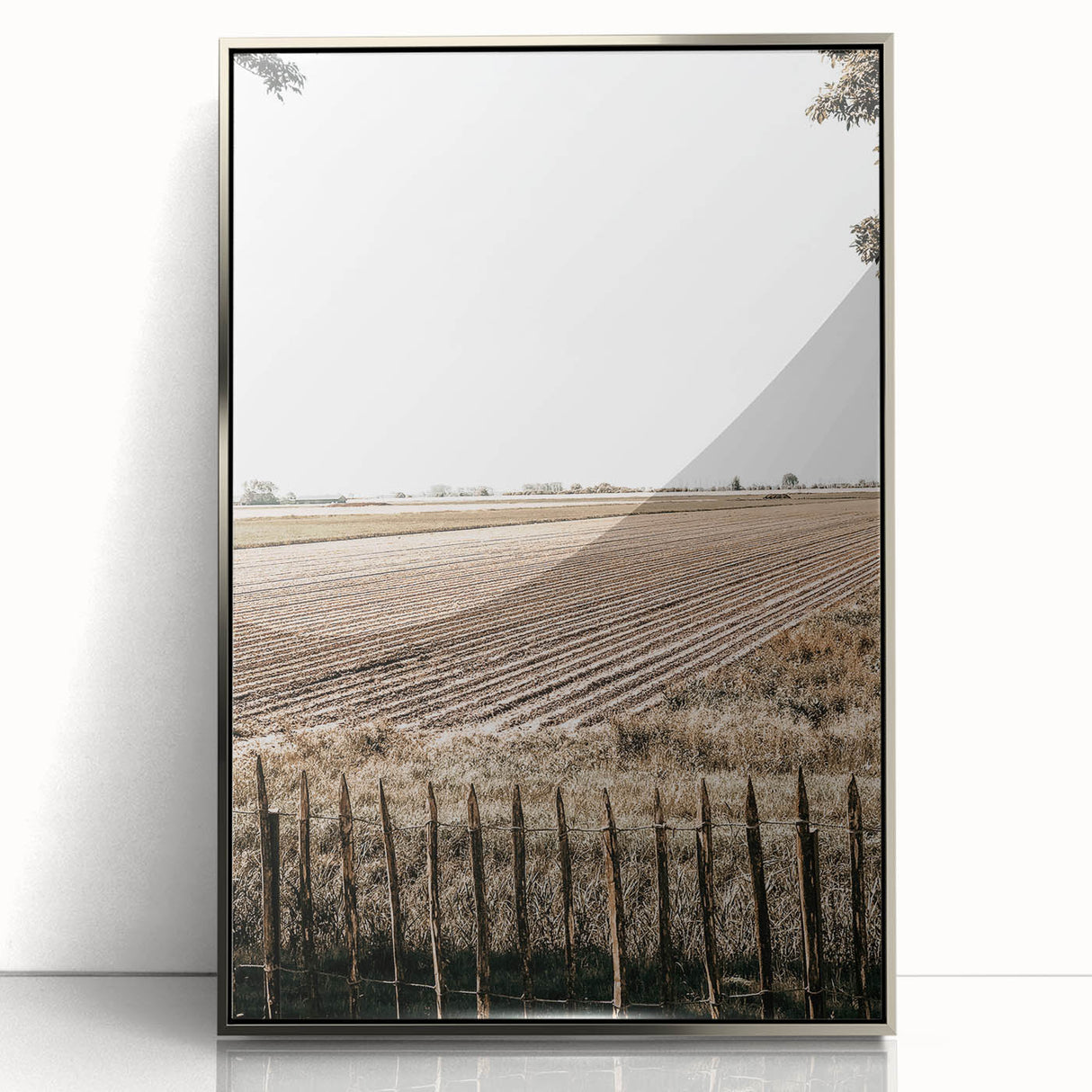 Farmhouse Wall Art – Plowed Field with Rustic Fence Print for Country Decor