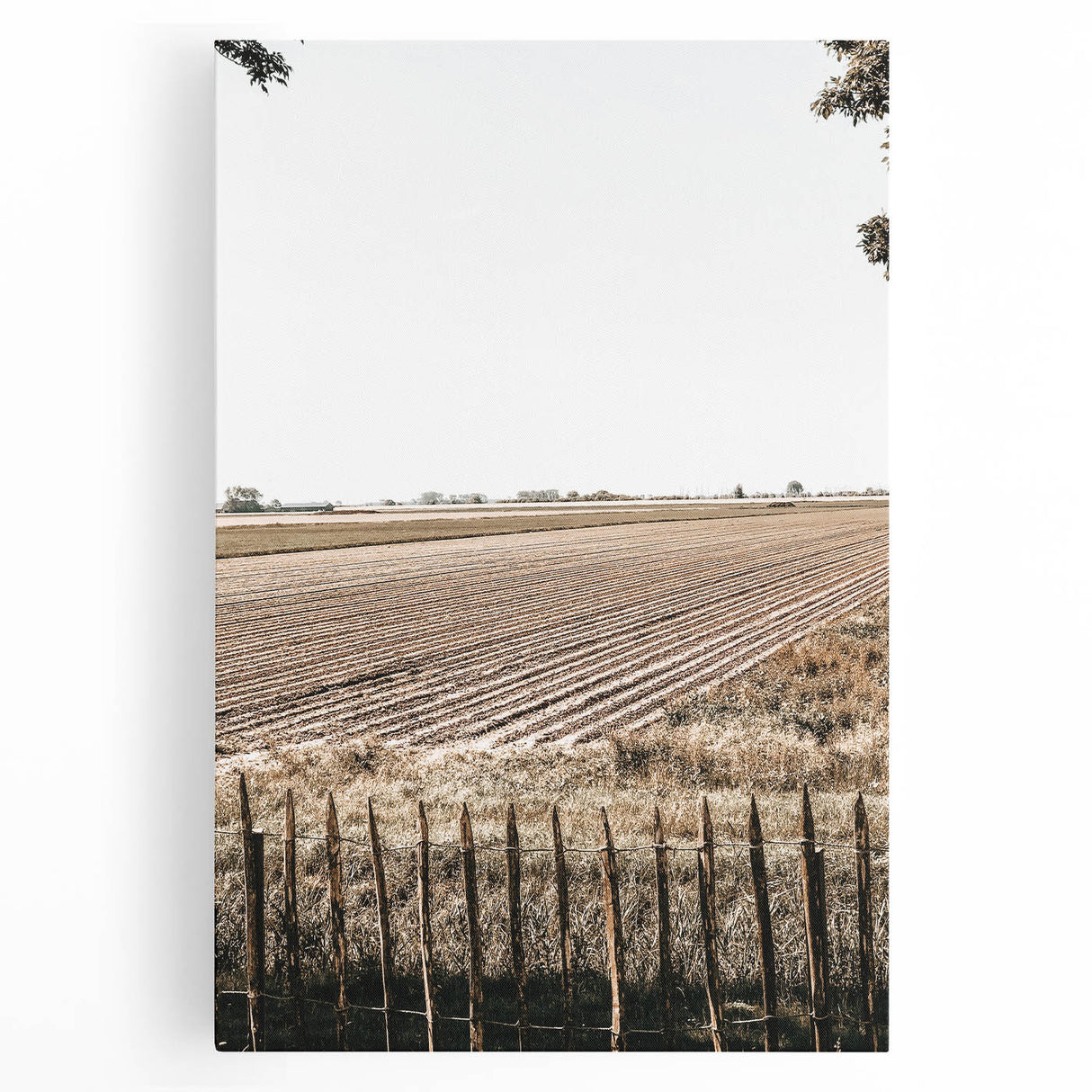 Farmhouse Wall Art – Plowed Field with Rustic Fence Print for Country Decor