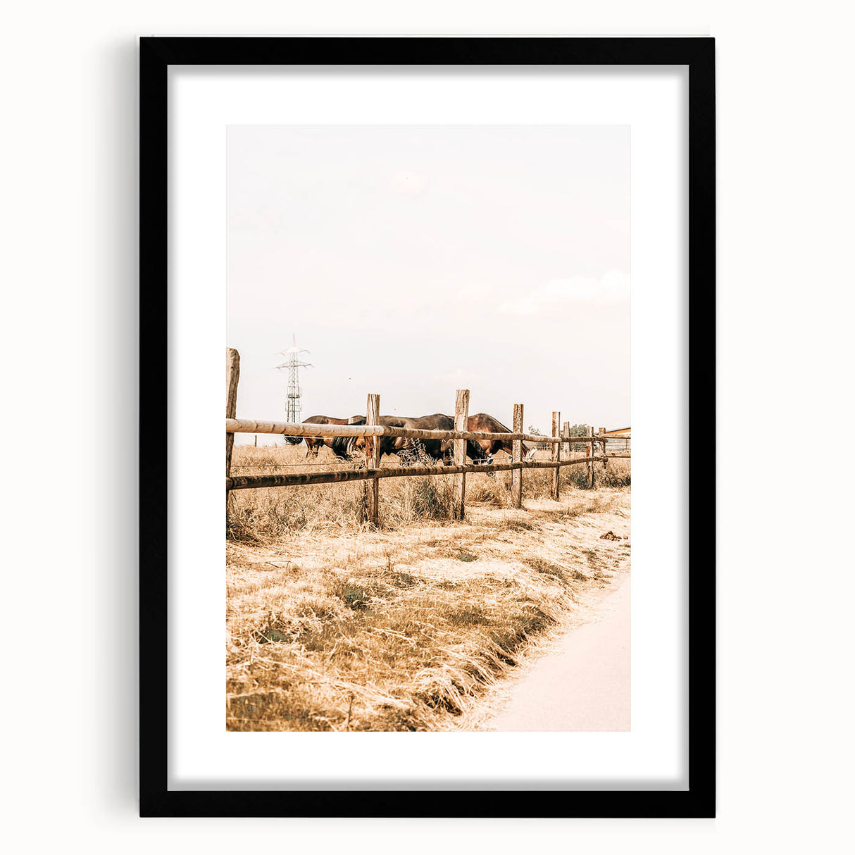 Farmhouse Wall Art – Grazing Horses Behind Rustic Fence for Country Decor