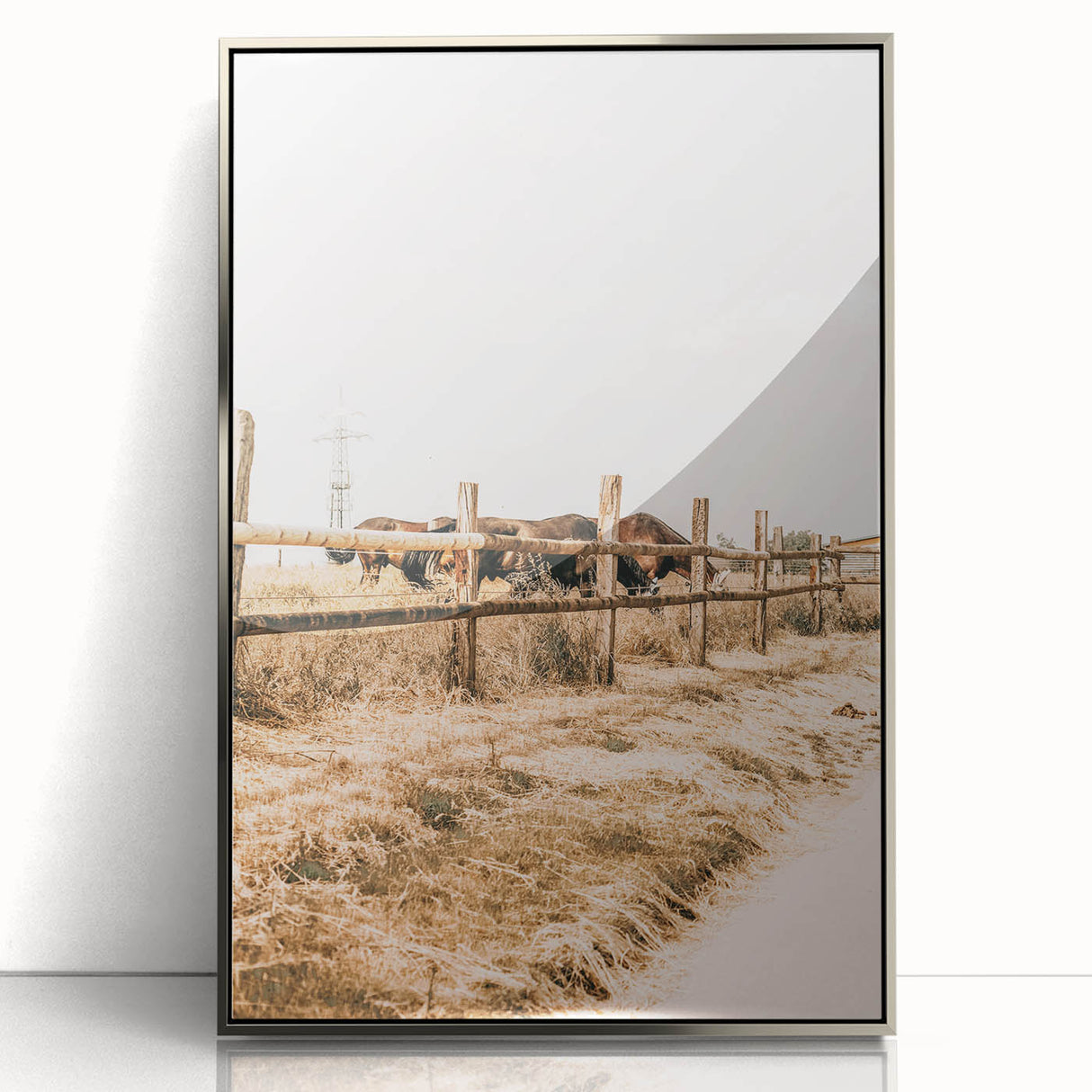 Farmhouse Wall Art – Grazing Horses Behind Rustic Fence for Country Decor