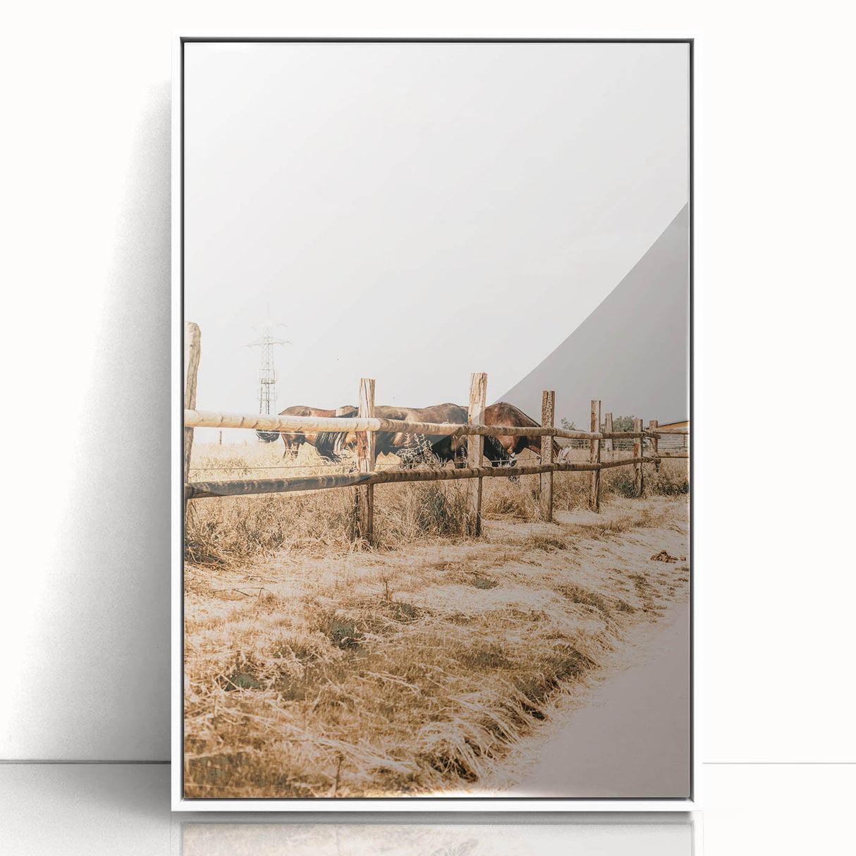 Farmhouse Wall Art – Grazing Horses Behind Rustic Fence for Country Decor