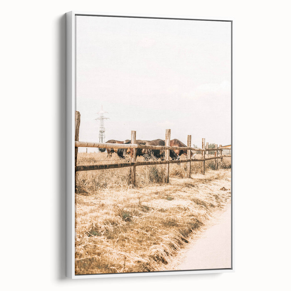 Farmhouse Wall Art – Grazing Horses Behind Rustic Fence for Country Decor