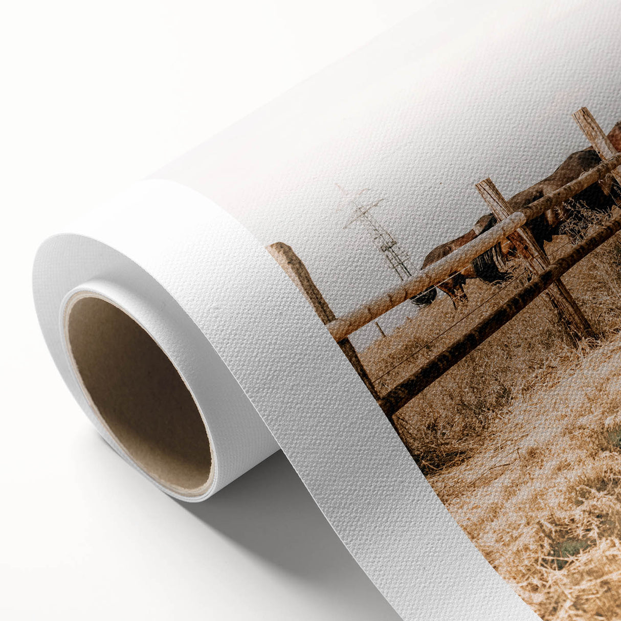 Farmhouse Wall Art – Grazing Horses Behind Rustic Fence for Country Decor