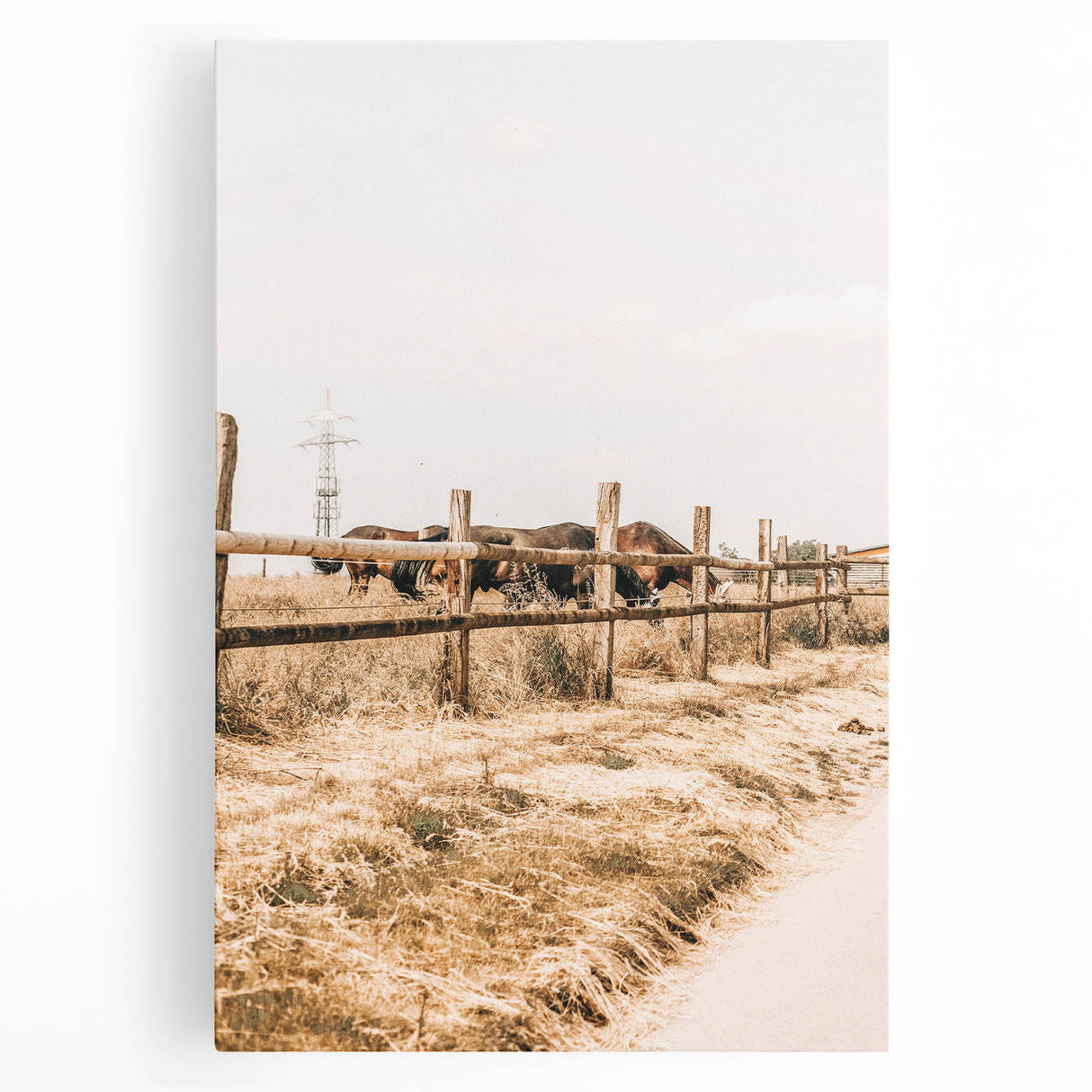 Farmhouse Wall Art – Grazing Horses Behind Rustic Fence for Country Decor