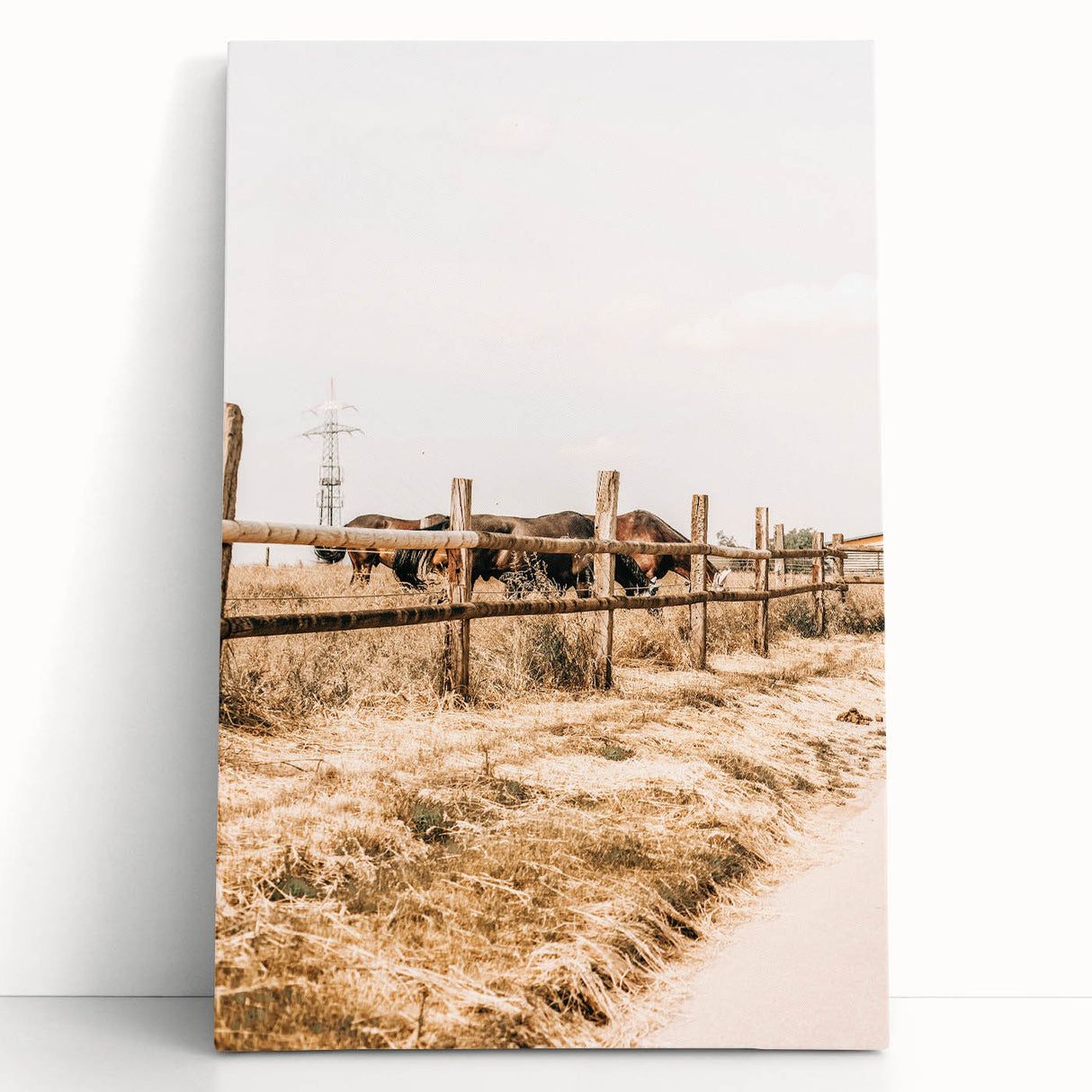 Farmhouse Wall Art – Grazing Horses Behind Rustic Fence for Country Decor