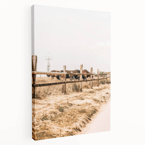 Farmhouse Wall Art – Grazing Horses Behind Rustic Fence for Country Decor