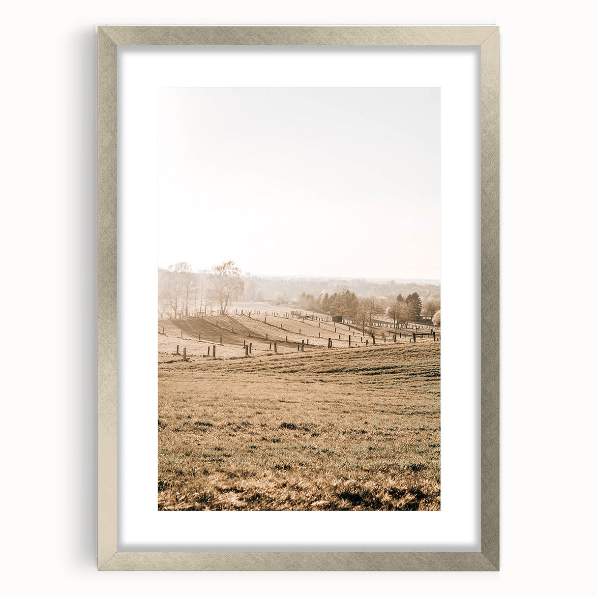 Farmhouse Wall Art – Misty Morning Fields Print for Rustic Country Decor