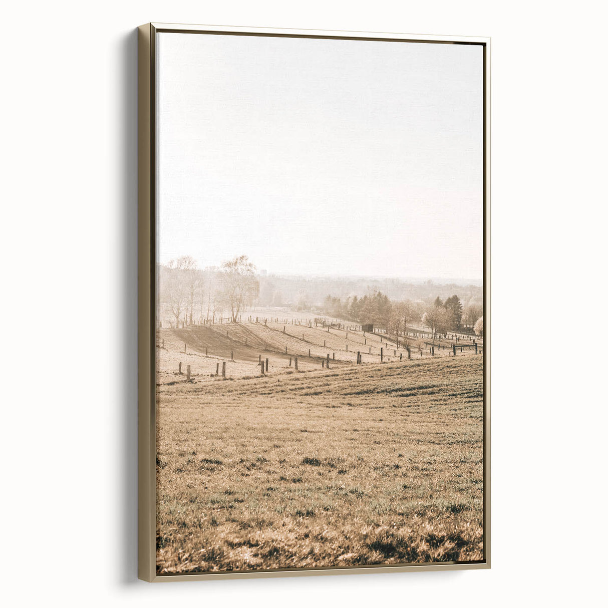 Farmhouse Wall Art – Misty Morning Fields Print for Rustic Country Decor