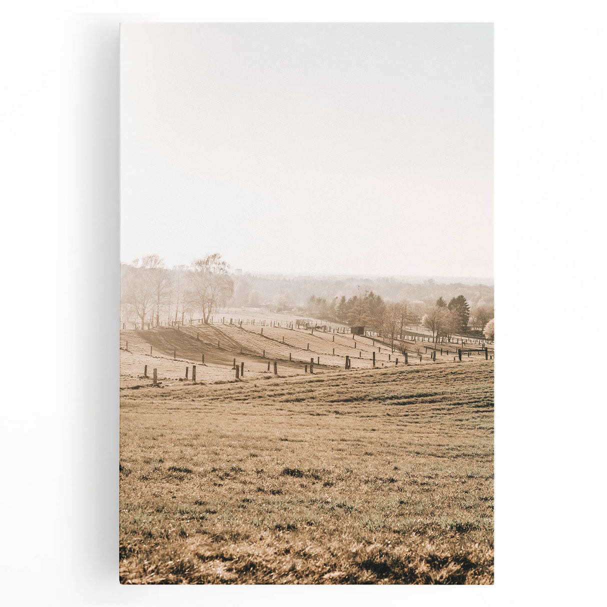 Farmhouse Wall Art – Misty Morning Fields Print for Rustic Country Decor