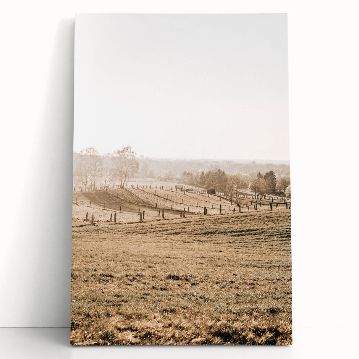 Farmhouse Wall Art – Misty Morning Fields Print for Rustic Country Decor