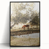 Farmhouse Wall Art – Grazing Horse by Pond Print for Rustic Country Decor