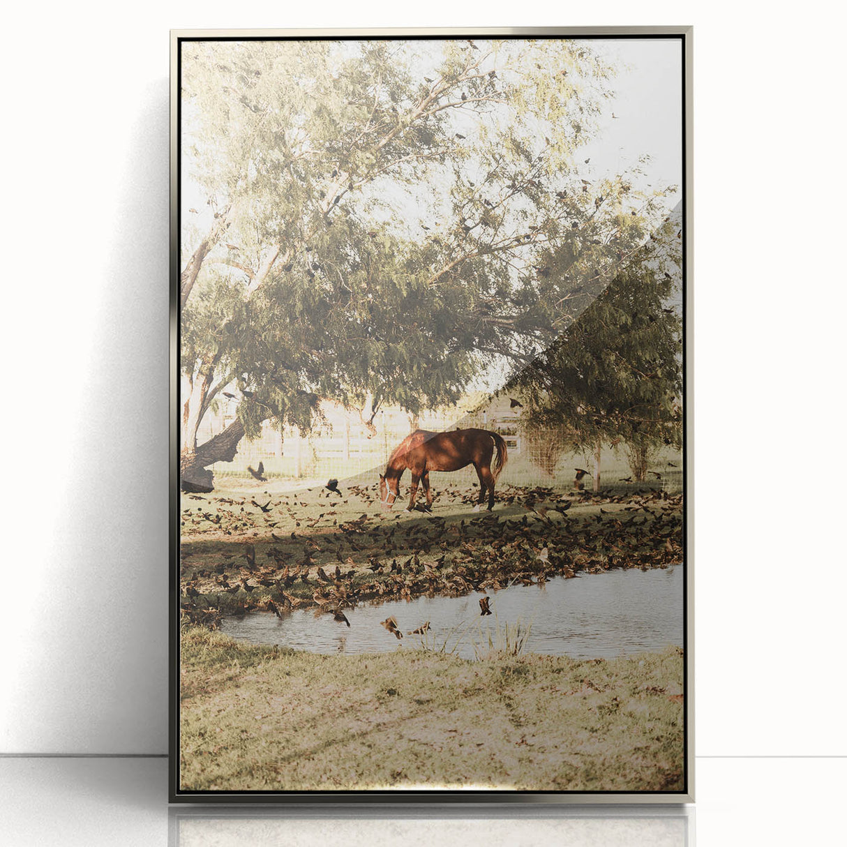 Farmhouse Wall Art – Grazing Horse by Pond Print for Rustic Country Decor