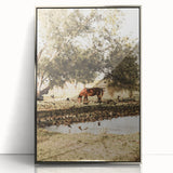 Farmhouse Wall Art – Grazing Horse by Pond Print for Rustic Country Decor