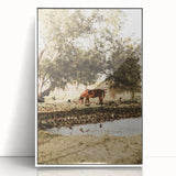 Farmhouse Wall Art – Grazing Horse by Pond Print for Rustic Country Decor