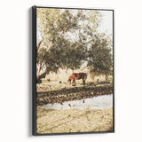 Farmhouse Wall Art – Grazing Horse by Pond Print for Rustic Country Decor