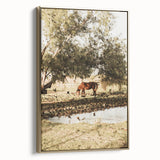 Farmhouse Wall Art – Grazing Horse by Pond Print for Rustic Country Decor