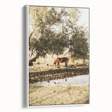 Farmhouse Wall Art – Grazing Horse by Pond Print for Rustic Country Decor