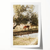 Farmhouse Wall Art – Grazing Horse by Pond Print for Rustic Country Decor