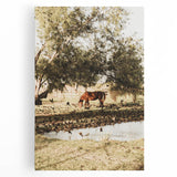 Farmhouse Wall Art – Grazing Horse by Pond Print for Rustic Country Decor