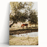 Farmhouse Wall Art – Grazing Horse by Pond Print for Rustic Country Decor