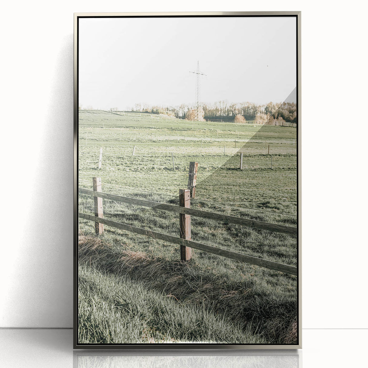 Farmhouse Wall Art – Green Pastures and Wooden Fence Print for Country Decor